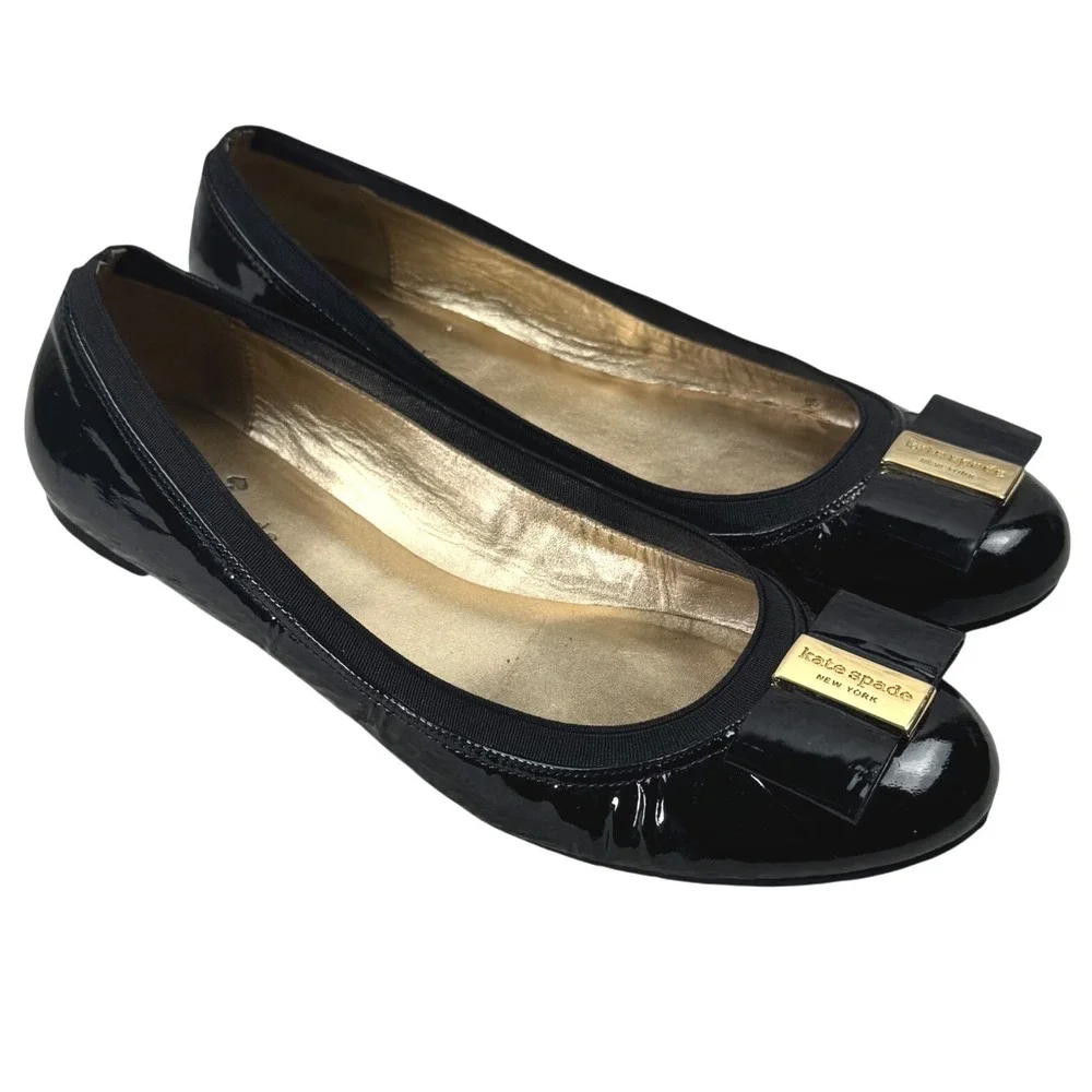 Kate Spade Ballet Flats Womens 8.5M Black‎ Patent Leather Bow Gold Logo Designer